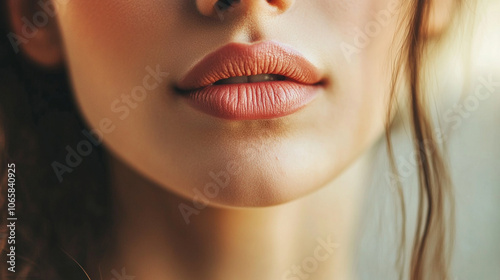 Woman's lips are painted with a bright pink lipstick. The lips are full and plump, giving the woman a confident and attractive appearance photo