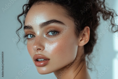 A close-up portrait of a young woman with curly hair and striking features.