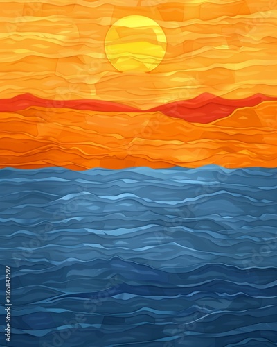 A realistic painting depicting a vibrant sunset over a calm body of water, with the sun casting a golden glow on the waters surface.