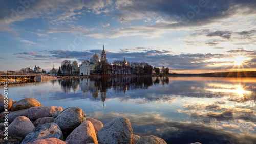 sunset near the monastery and lake view