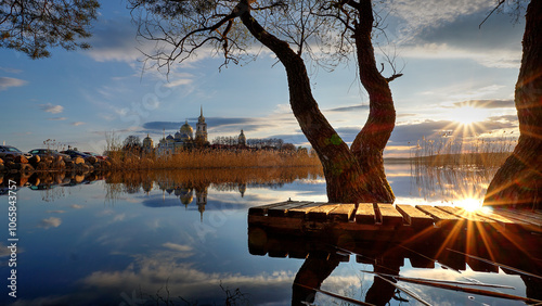 sunset on the lake overlooking the monastery