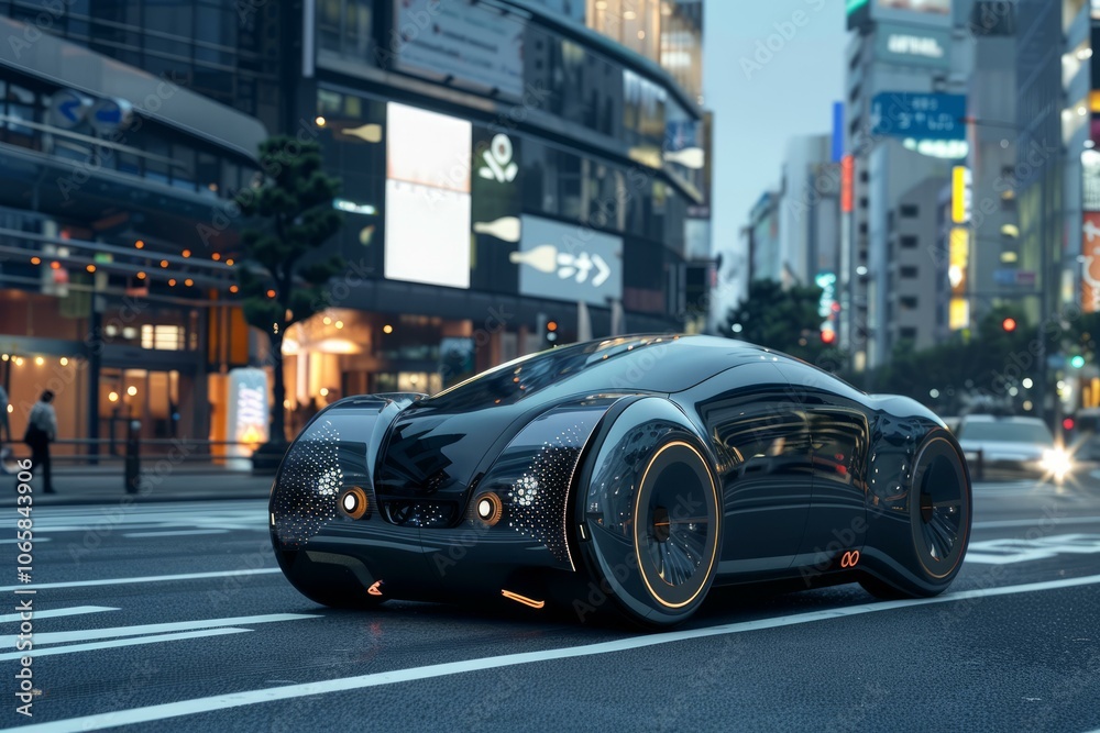 Fototapeta premium Futuristic black electric car is driving through a busy street in tokyo, japan