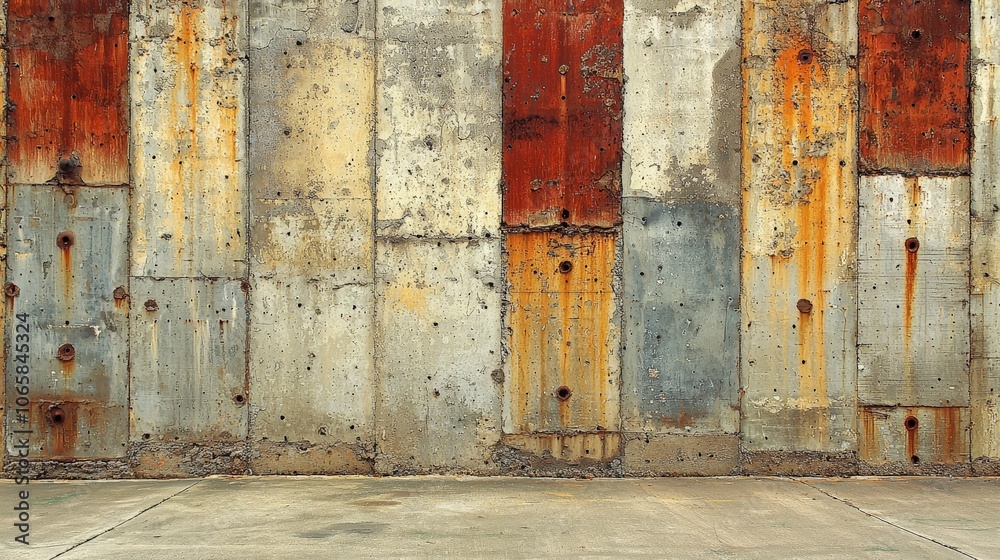 A weathered concrete wall with rusted metal panels, showcasing industrial textures and colors.