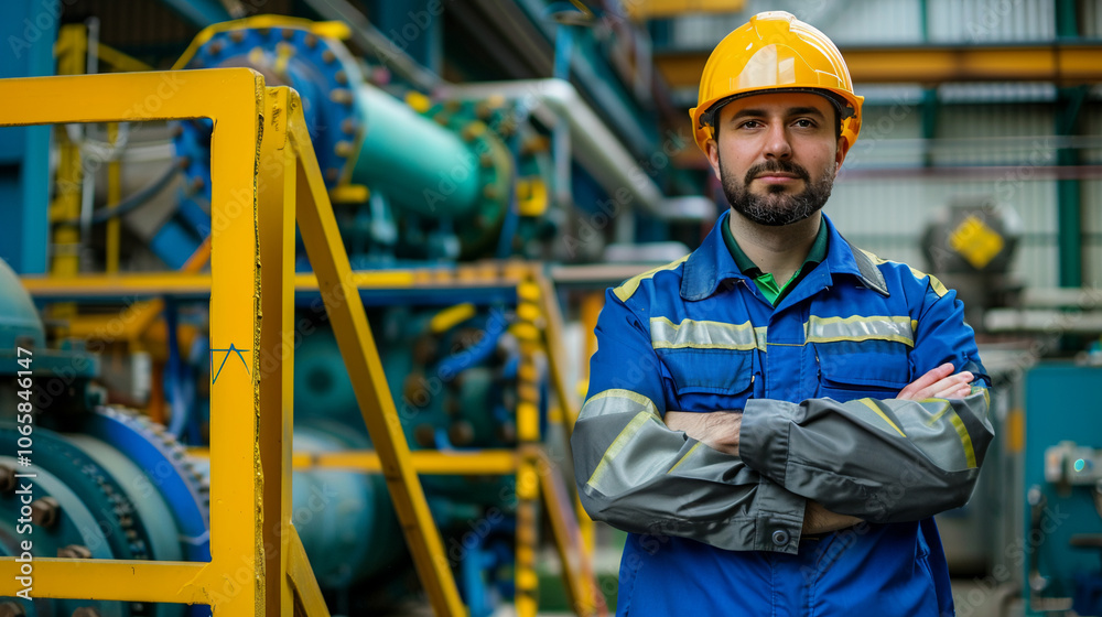Male factory worker in yellow safety helmet stands confidently with arms crossed in plant Male factory worker in yellow safety helmet stands confidently with arms crossed in plant