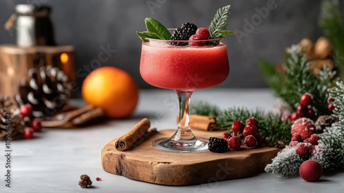 A holiday-themed red cocktail adorned with sugared berries, holly, and festive decorations, set against a warm, bokeh-lit background for Christmas celebrations.
 photo