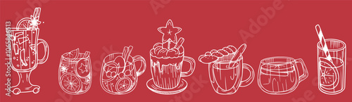 Set of festive drinks in doodle style. Christmas drinks design on red background. Drink design of mulled wine, gleg, eggnog, pugsh, krumbambula, apple cider, punch