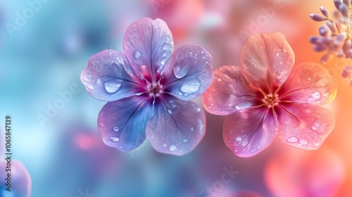 Delicate floral blossoms adorned with raindrops in soft pastel hues creating a serene atmosphere