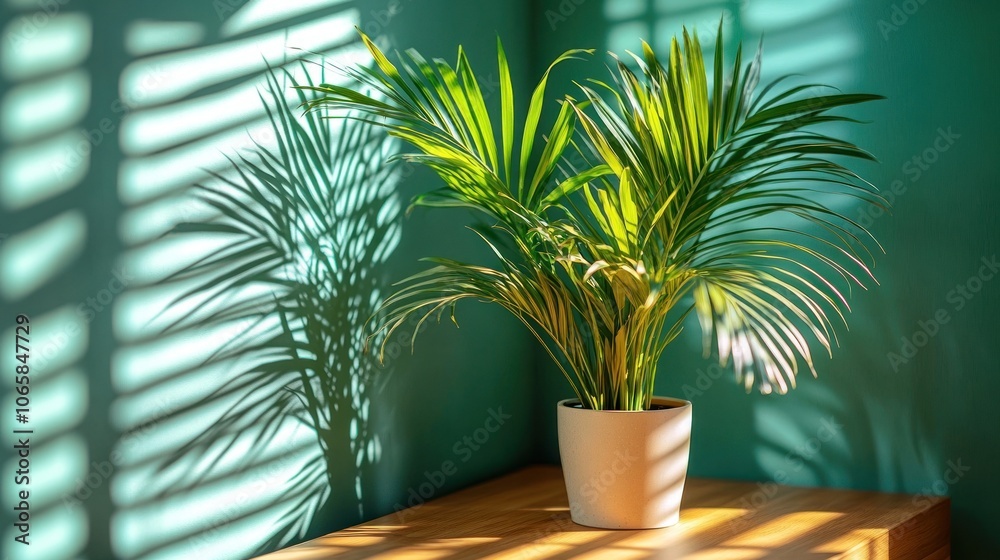 Fototapeta premium A potted palm plant in a corner with sunbeams casting shadows on the wall behind it.