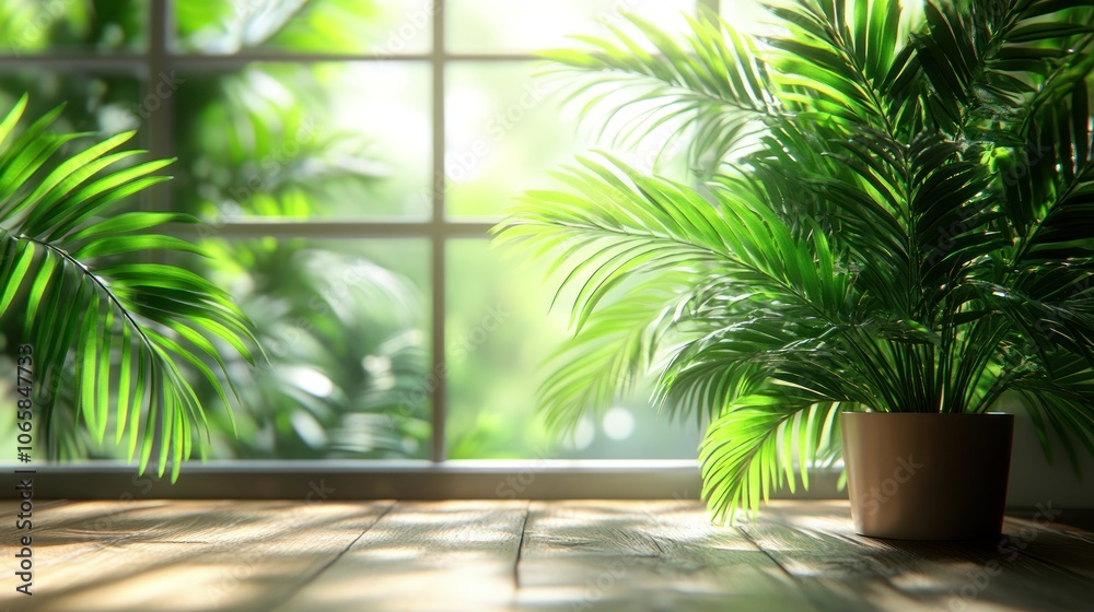 Fototapeta premium A potted palm plant in the foreground with a window overlooking a lush green forest with sunlight streaming through.