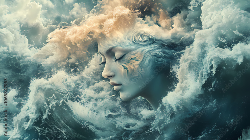Fototapeta premium Surreal art of a woman's face merging with ocean waves, depicting a mystical and dreamlike scene blending nature and human form. Mystical. Illustration