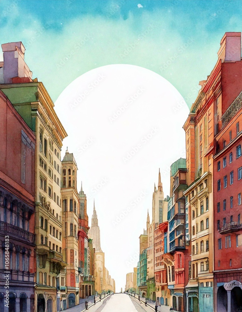 Obraz premium watercolor of buildings all around with empty copy space in the middle