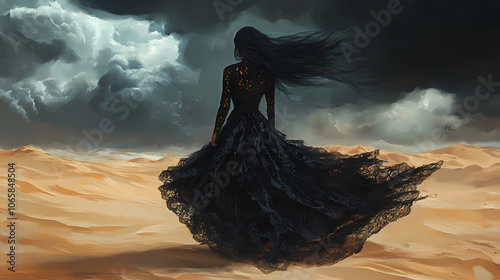 Surreal woman in black lace dress facing stormy desert wind. Mystical. Illustration