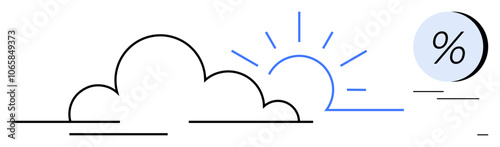 Cloud with sun rays peeking out beside a percentage symbol. Ideal for weather forecasts, data analysis, climate discussions, environmental studies, statistical reports, business analytics