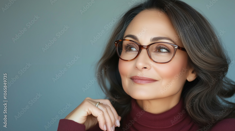 Thoughtful woman portrait with glasses showcasing elegance and contemplation Thoughtful woman portrait with glasses showcasing elegance and contemplation
