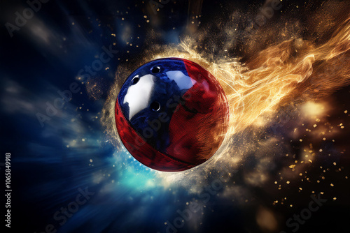 Bowling ball banner on fire background. Template for bookmaker ads with copy space. Mockup for betting advertisement. Sports betting application, gambling, bookmaker