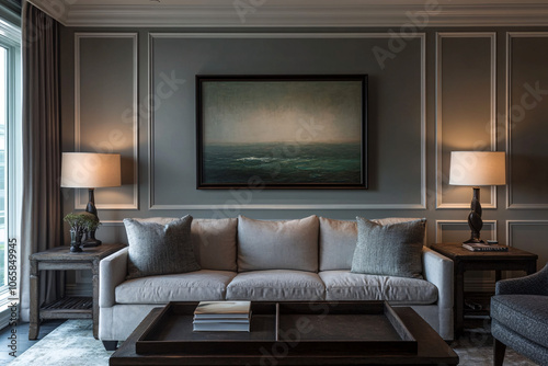 modern gray living room interior with couch and coffee table