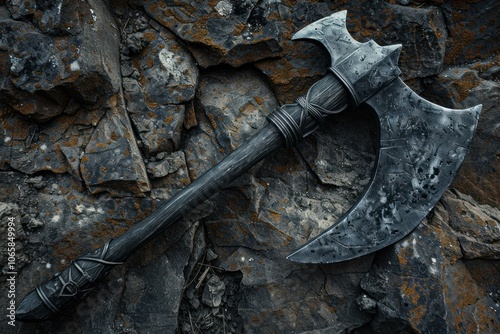 Fantasy axe with a double bit blade is resting on a bed of rocks in nature photo