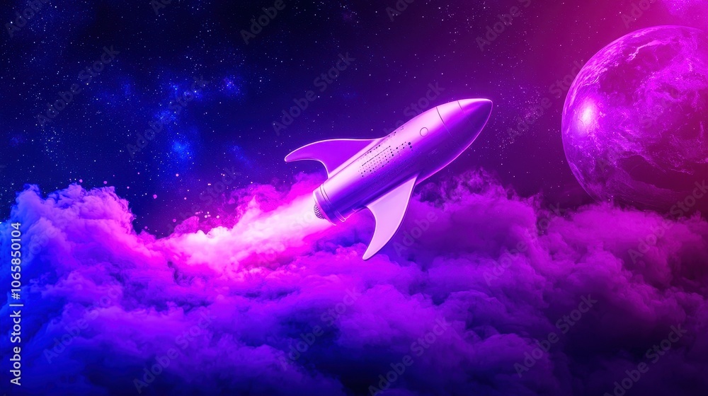 Naklejka premium Futuristic rocket soaring through vibrant purple clouds in outer space, symbolizing exploration and innovation.