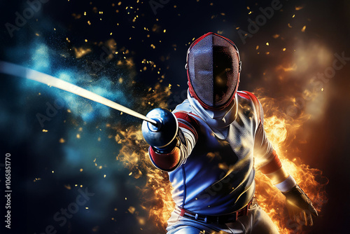 Fencer fencing in a competition on epic background with fire. Mockup for betting advertisement. Sports betting application, gambling, bookmaker photo