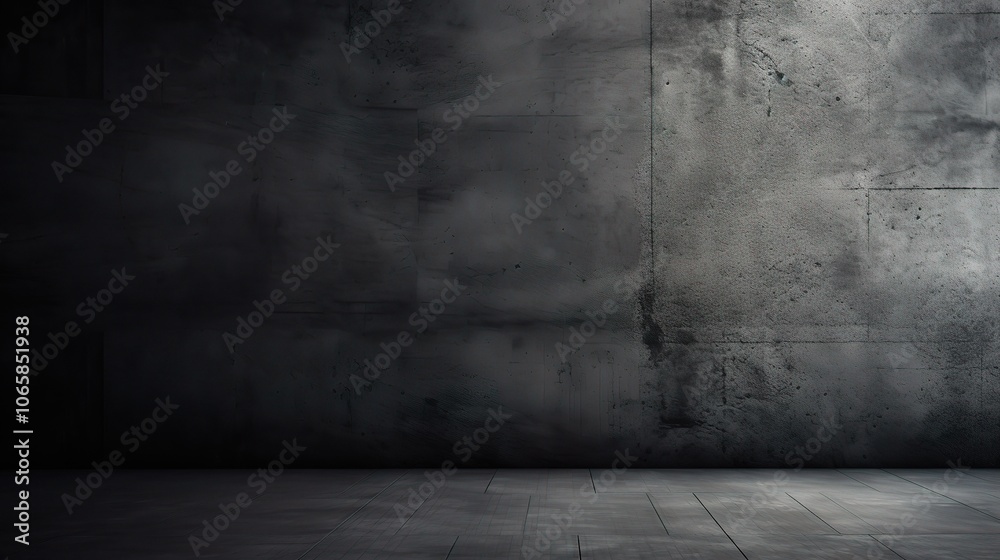 Fototapeta premium Industrial Concrete Room: A dramatic and gritty backdrop featuring a concrete wall and floor with a subtle spotlight illuminating the scene.