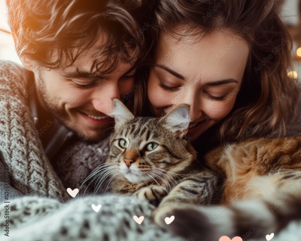 A man and a woman are cuddling together with a cat. A man and a woman are cuddling together with a cat.