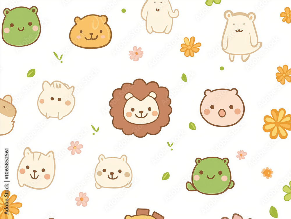 Fototapeta premium Cute animal cartoon pattern, simple line style, white background, simple lines, soft color scheme, cute and lovely pet pattern