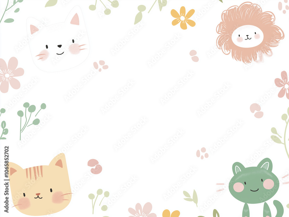 Obraz premium Cute animal cartoon pattern, simple line style, white background, simple lines, soft color scheme, cute and lovely pet pattern