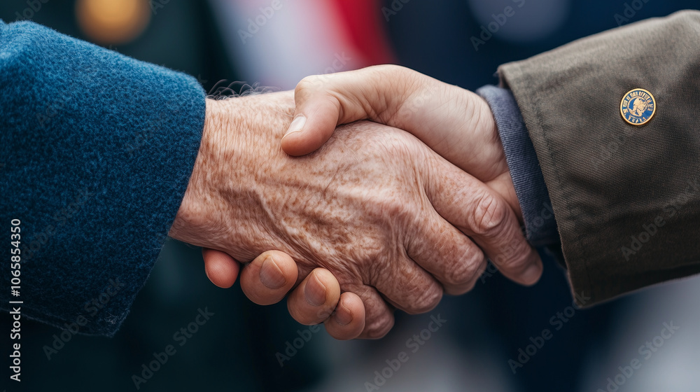 Young and old veterans shaking hands in a symbolic passing of the torch, with a flag backdrop and commemorative pins on their jackets Young and old veterans shaking hands in a symbolic passing of the torch, with a flag backdrop and commemorative pins on their jackets