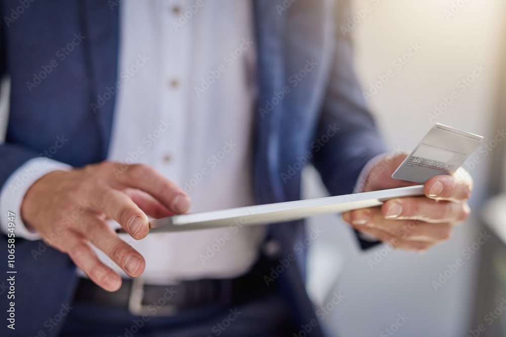 Fototapeta premium Business, person and hands with tablet for credit card, digital banking and transaction for payment. Office, man and fintech with debit for online shopping, ecommerce or scroll for balance by closeup
