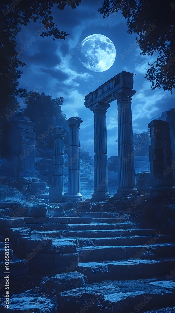 Fototapeta premium Ancient ruins illuminated by moonlight, fog drifting through the scene, blue moon