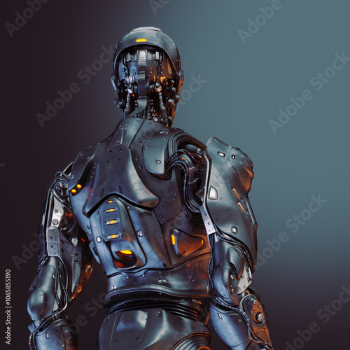 Futuristic humanoid robot with intricate mechanical design and glowing elements, viewed from backside against a gradient blue background