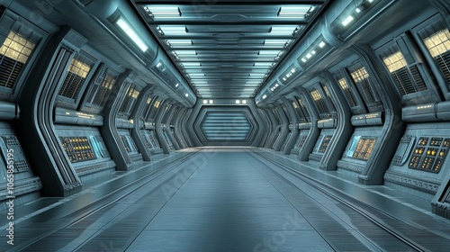 A futuristic corridor with metallic walls and ambient lighting, suggesting a sci-fi environment.