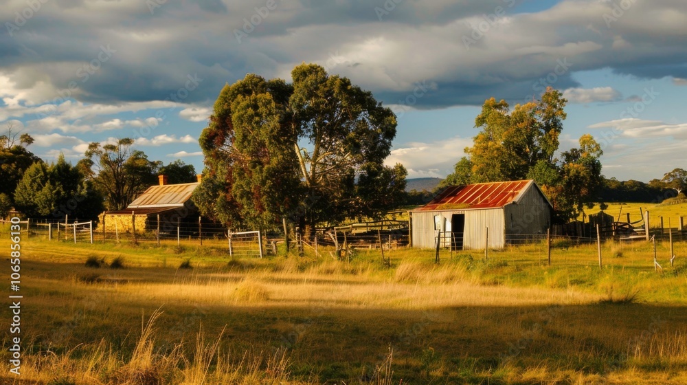 Fototapeta premium A farm with a fence running through the middle of a vast field under the clear sky.
