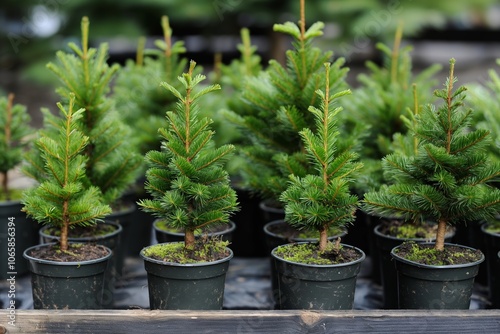 Live small potted Christmas fir, pine or spruce trees being sold in pots. Small baby trees for sale before winter holidays. Christmas trees sale