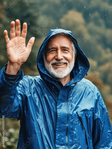 Cheerful Gentleman in Rain Gear Waving Goodbye photo