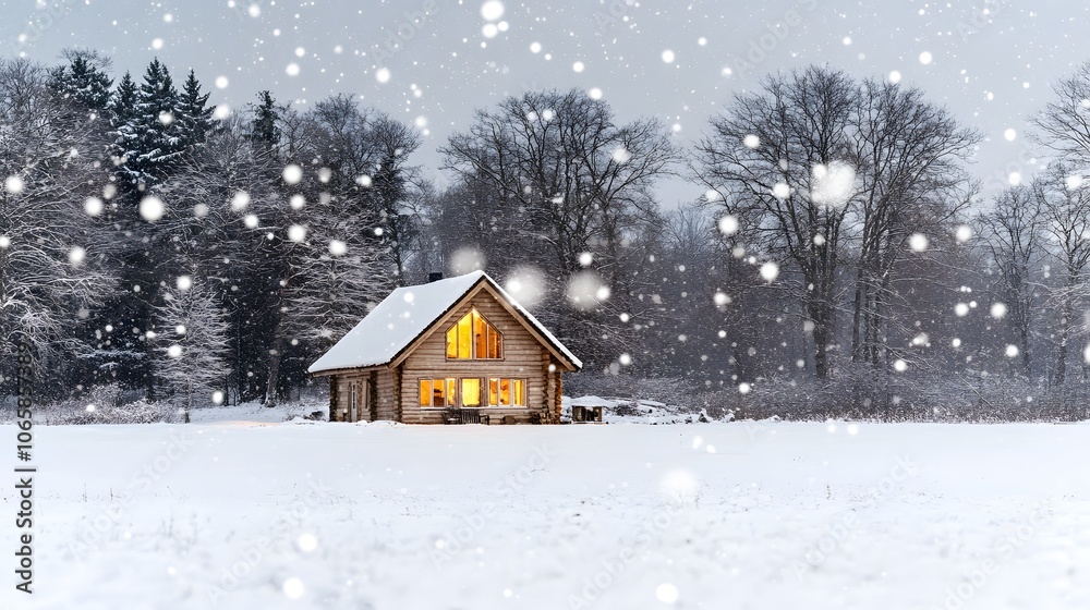Lonely cabin in the middle of a snowstorm, warm light from the windows, cinematic lighting with high detail on snow textures Lonely cabin in the middle of a snowstorm, warm light from the windows, cinematic lighting with high detail on snow textures