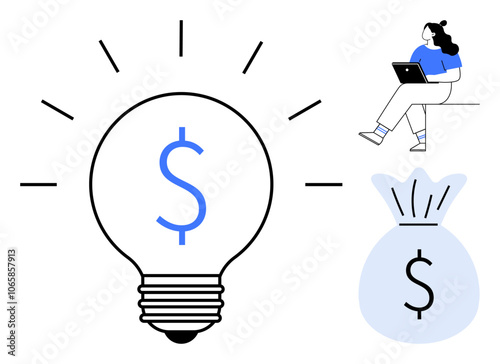 Light bulb with dollar symbol, woman sitting with laptop, and money bag icon. Ideal for business, finance, investment, innovation, start-ups, entrepreneurship, online earning. Line metaphor