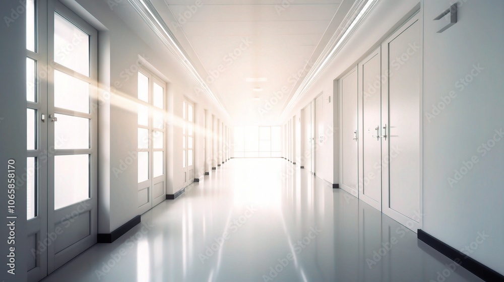 Fototapeta premium Light at the End of the Corridor: A long, pristine hallway bathed in sunlight, casting a radiant glow down the path ahead.