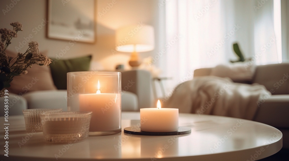 Cozy Candlelight:  A warm and inviting living room scene featuring a trio of lit candles on a coffee table