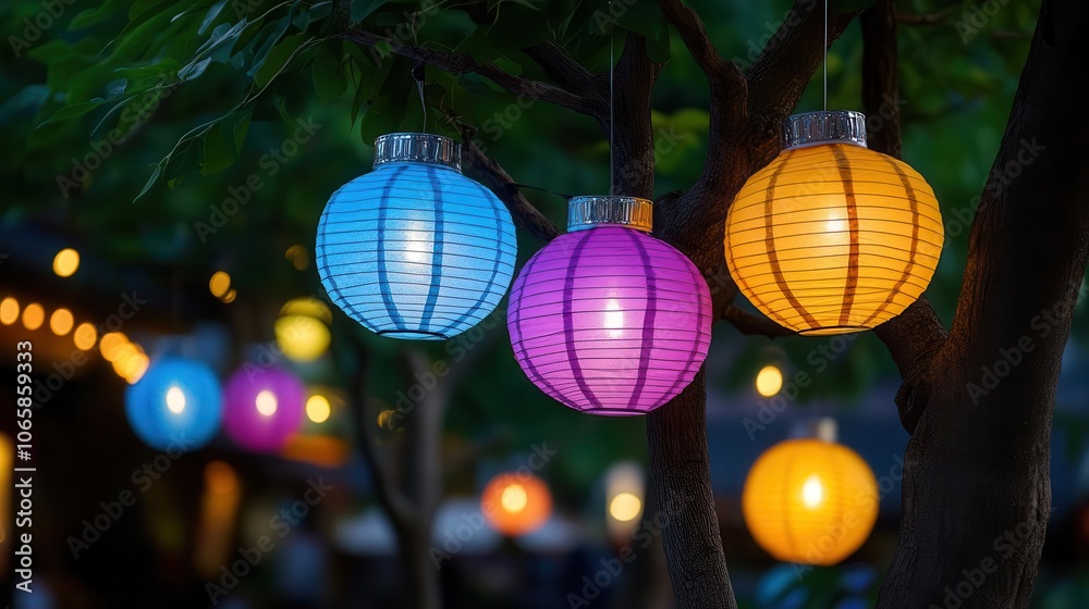 Fototapeta premium Colorful festival lanterns hanging from trees, vibrant and festive evening