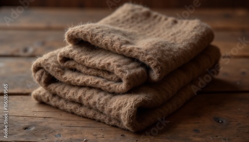 Cozy knitted leg warmers stacked on wooden table for winter fashion concepts photo