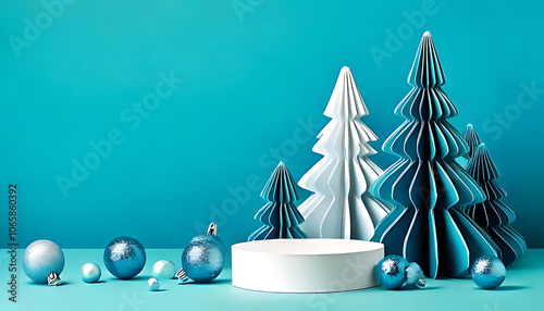 geometric paper christmas trees turquoise backdrop blue balls white pedestal winter sale decor photo