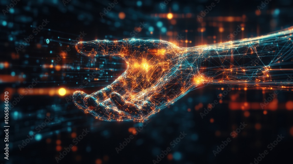 This artwork depicts a futuristic prosthetic arm connected to the brain through glowing neural pathways, showcasing advanced technology. Generative AI This artwork depicts a futuristic prosthetic arm connected to the brain through glowing neural pathways, showcasing advanced technology. Generative AI