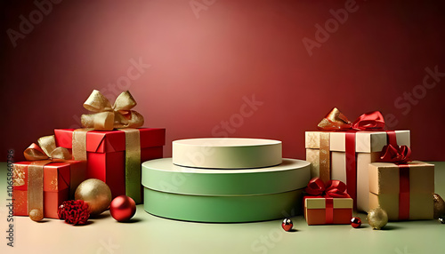 gift boxes ornaments surround empty podiums holiday setting product display purposes