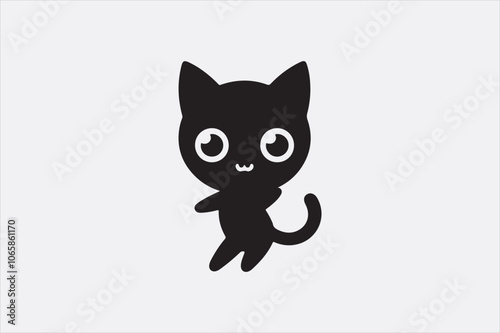 A cute sitting cat with a curved tail and large