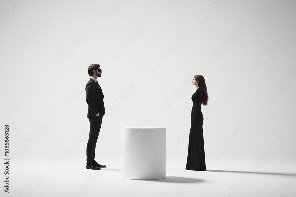 Obraz premium two people in formal attire standing on either side of a white pedestal