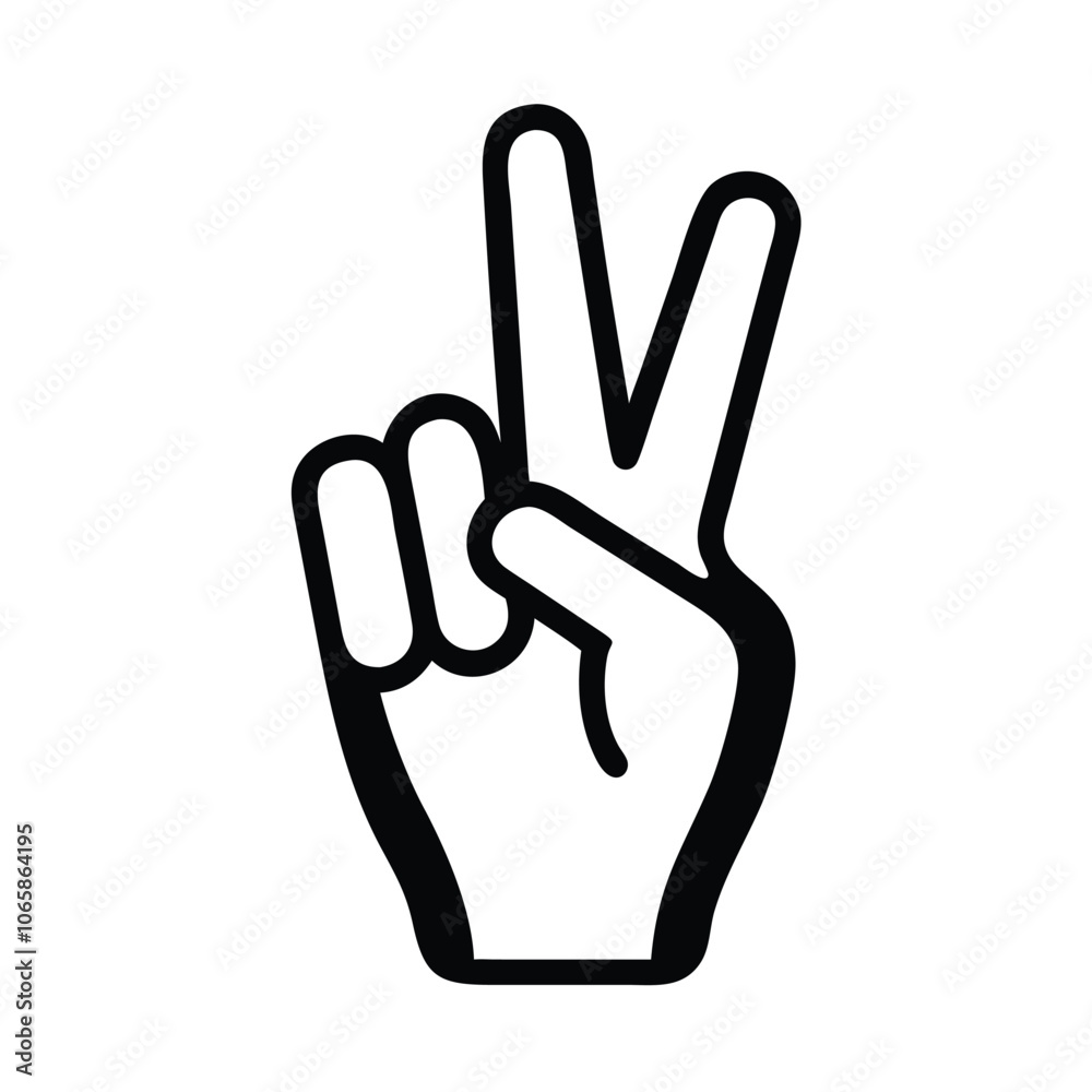 Obraz premium Black and White Peace Sign Line Icon, Minimalist line drawing of a hand making a peace or victory sign with two raised fingers, outlined in black on a white background.