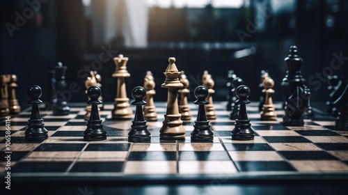 Wallpaper Mural Chessboard Strategy: A close-up shot of a chessboard with pieces arranged in a strategic position. The wooden board, with its contrasting black and white squares. Torontodigital.ca