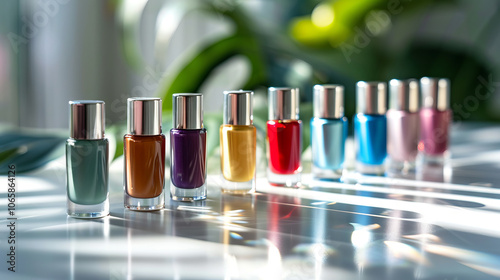 Vibrant nail polish bottles in various shades neatly arranged in bright sunlight. concept of beauty, style, color, organization photo