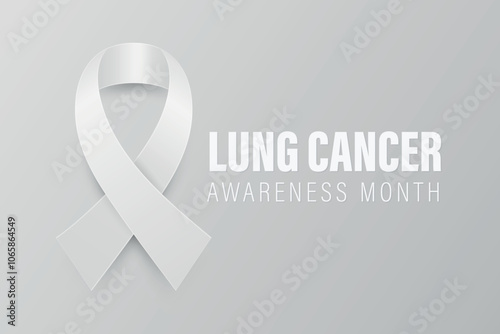 Vector Realistic Lung Cancer Awareness Banner With White Ribbon. Realistic White Ribbon on Gray Background. Lung Cancer Support Symbol. Medical Banner, Health Campaign. White Ribbon Loop Illustration